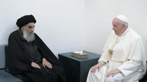 Pope Francis and the Grand Ayatollah Sayyid Ali Al-Husayni Al-Sistani in Iraq in March 2021